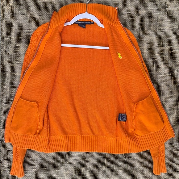 Ralph Lauren Sport Orange Full Zip Cardigan, Size S/P, Yellow Logo, Pockets - Picture 6 of 11